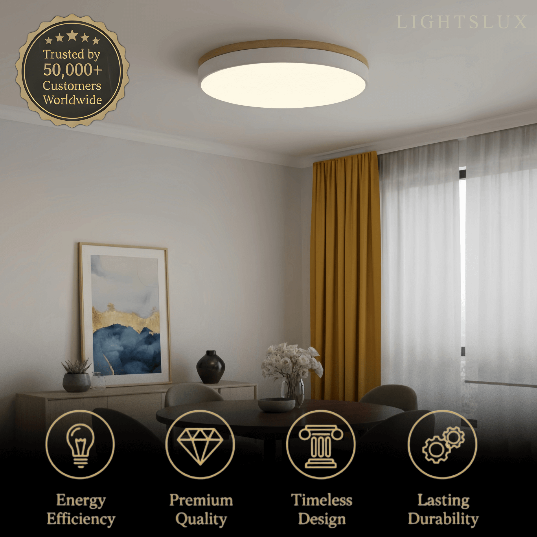 Minimalistische ronde plafondlamp — hout & matgrijs frame voor woonkamer/slaapkamer - Flindria