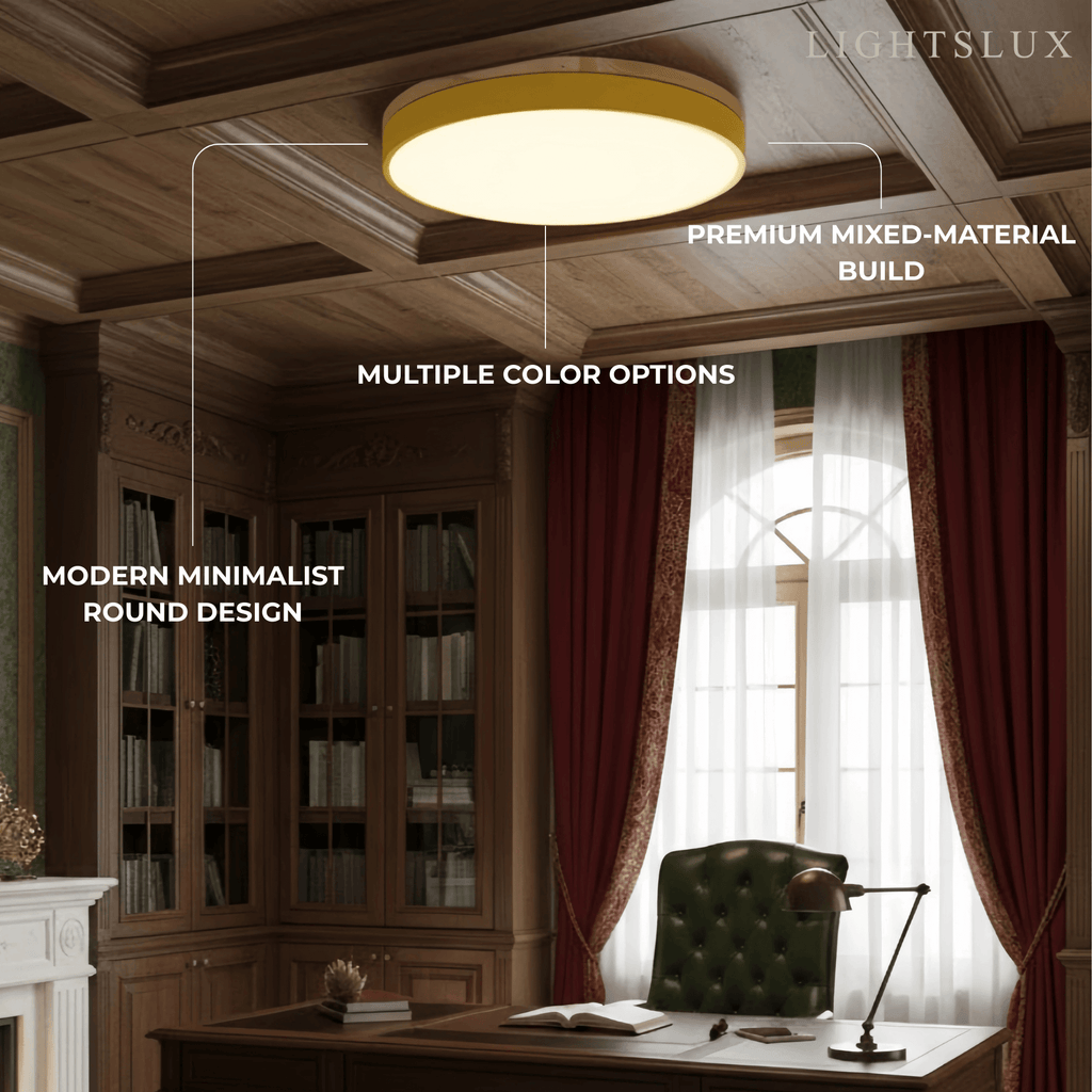 Minimalistische ronde plafondlamp — hout & matgrijs frame voor woonkamer/slaapkamer - Flindria