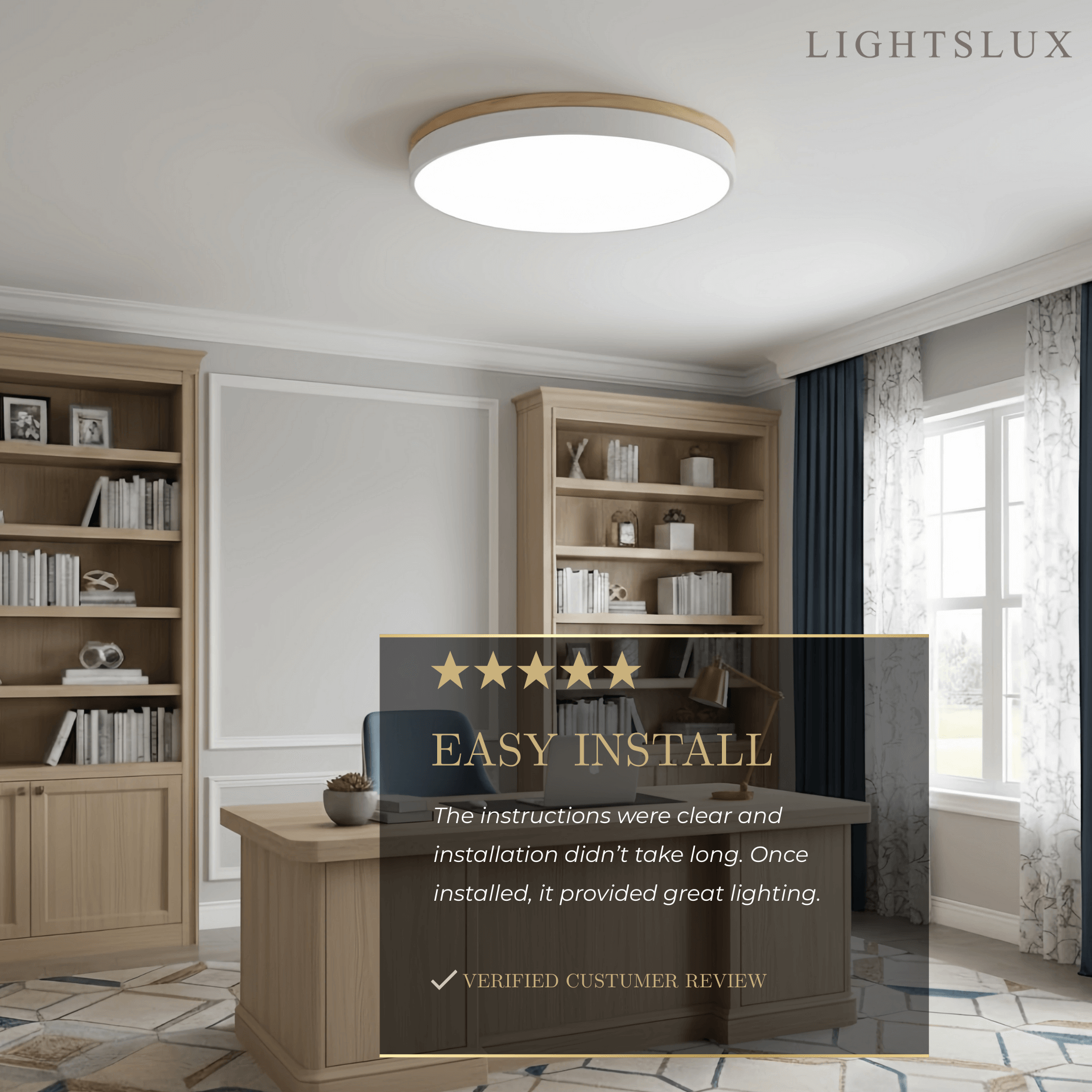 Minimalistische ronde plafondlamp — hout & matgrijs frame voor woonkamer/slaapkamer - Flindria