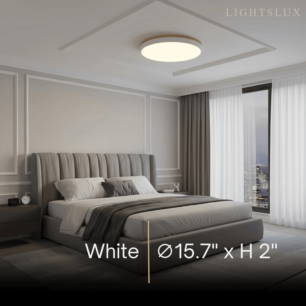 Minimalistische ronde plafondlamp — hout & matgrijs frame voor woonkamer/slaapkamer - Flindria
