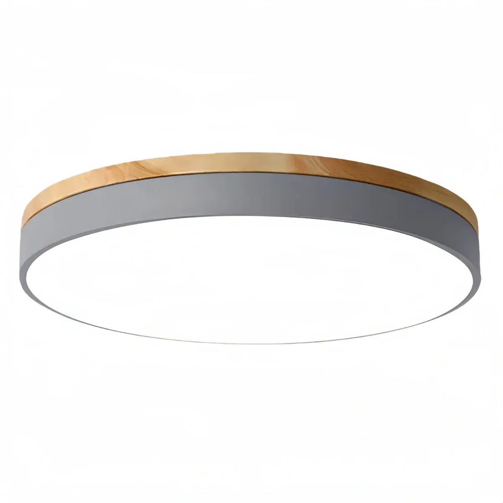 Minimalistische ronde plafondlamp — hout & matgrijs frame voor woonkamer/slaapkamer - Flindria