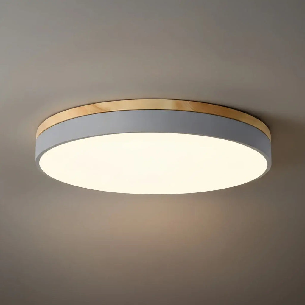 Minimalistische ronde plafondlamp — hout & matgrijs frame voor woonkamer/slaapkamer - Flindria