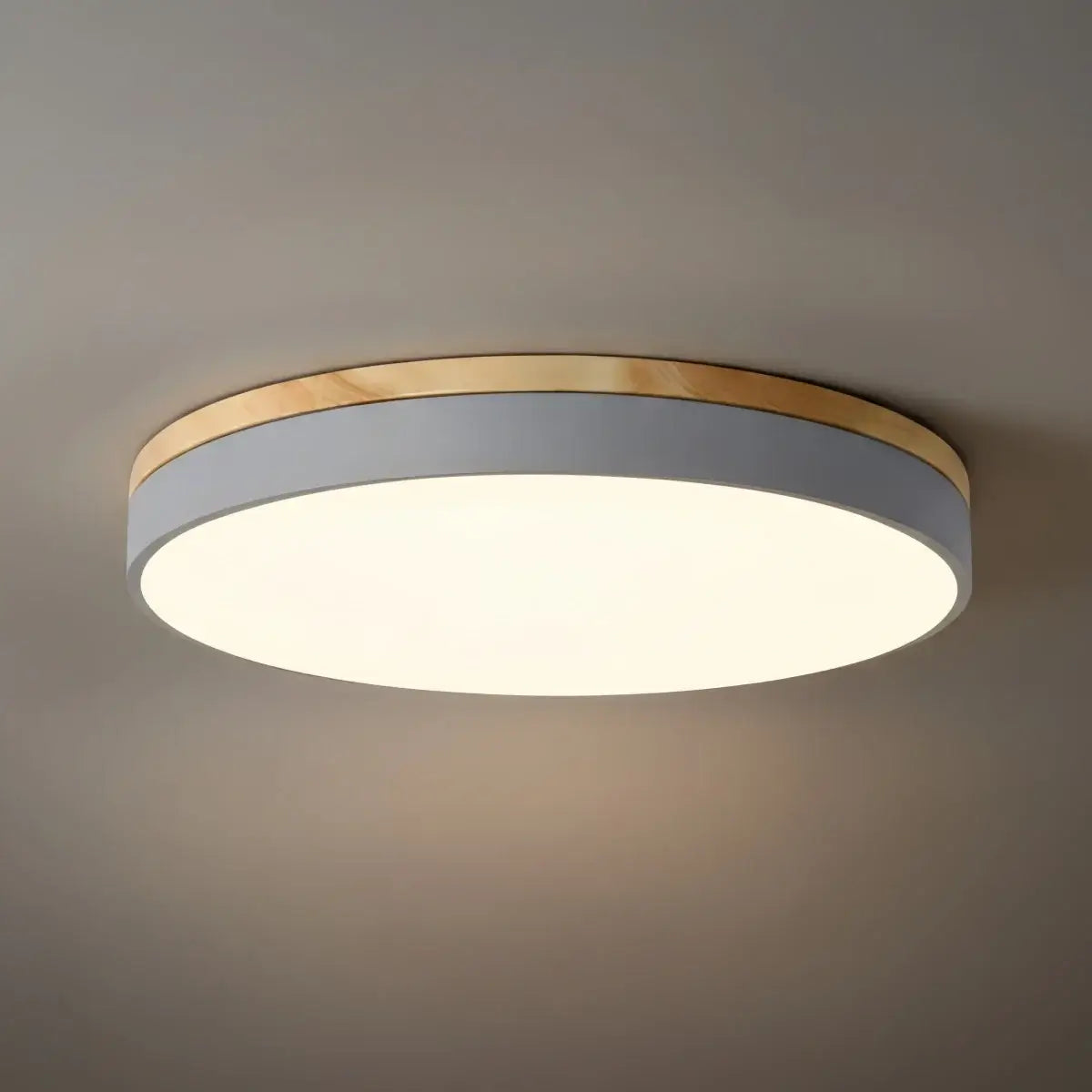 Minimalistische ronde plafondlamp — hout & matgrijs frame voor woonkamer/slaapkamer - Flindria