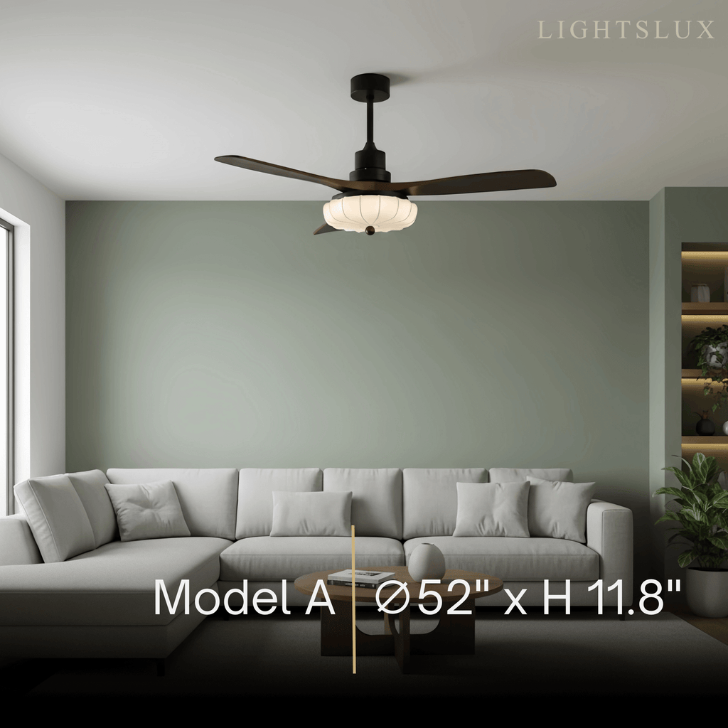Ventilador de techo moderno con luz — Pantalla de tela Lotus y aspas de madera de nogal para dormitorio - Flindria