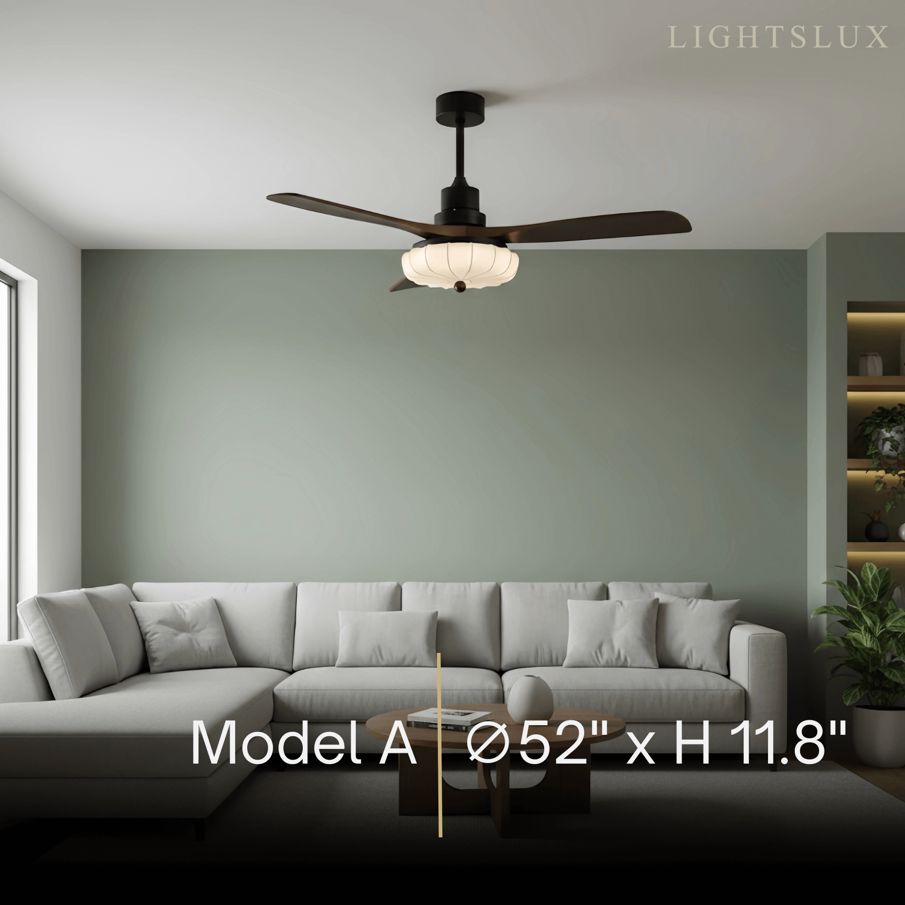Ventilador de techo moderno con luz — Pantalla de tela Lotus y aspas de madera de nogal para dormitorio - Flindria