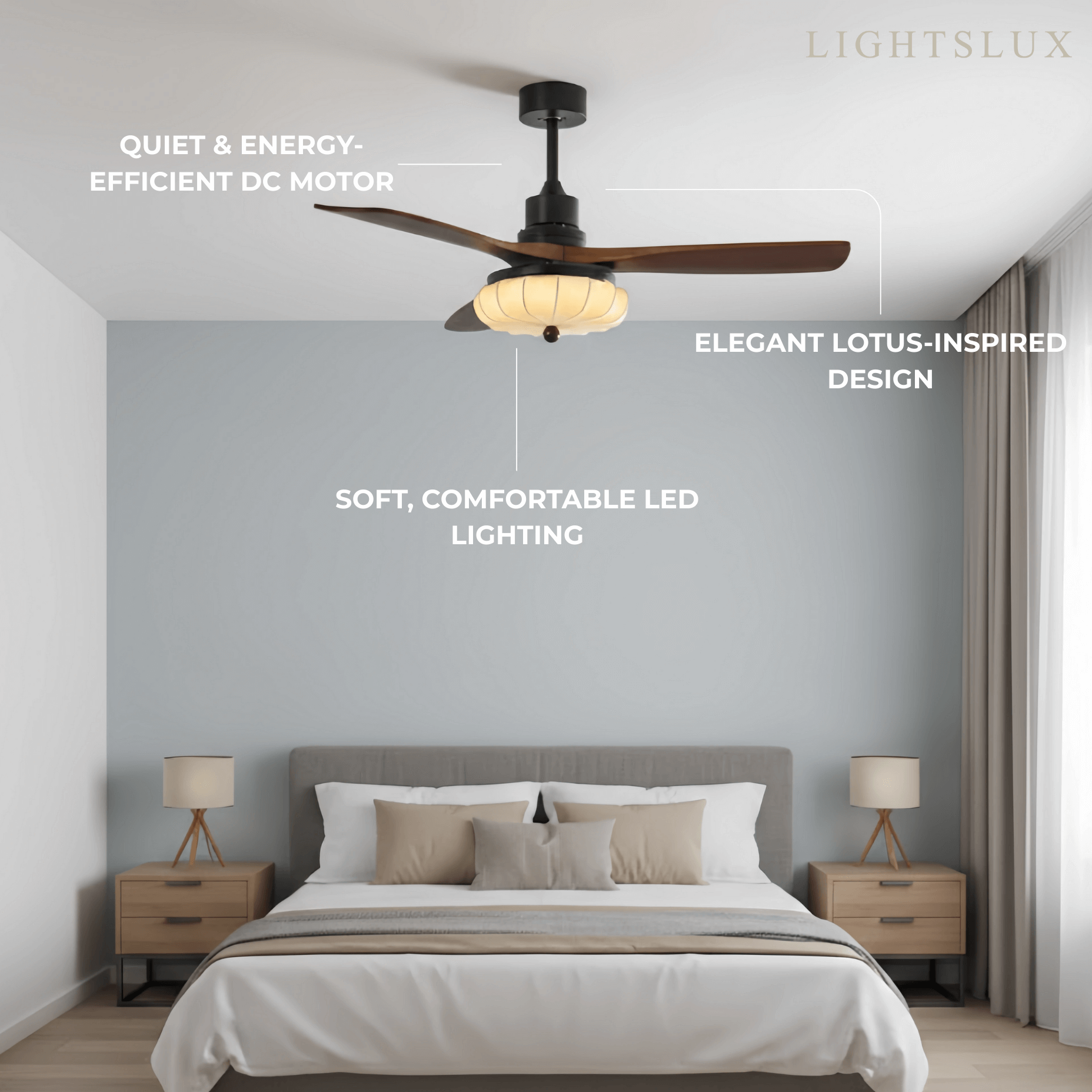 Ventilador de techo moderno con luz — Pantalla de tela Lotus y aspas de madera de nogal para dormitorio - Flindria