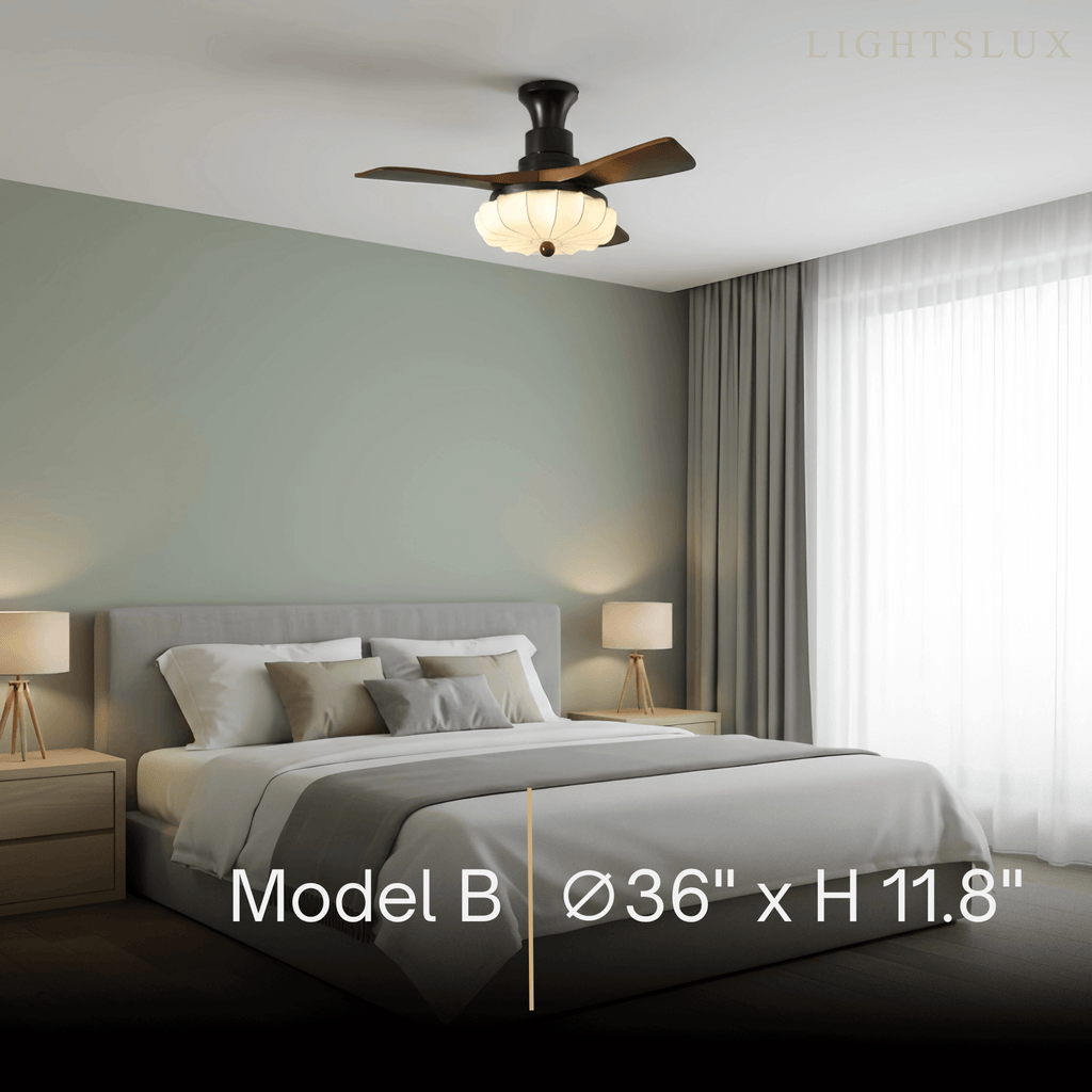 Ventilador de techo moderno con luz — Pantalla de tela Lotus y aspas de madera de nogal para dormitorio - Flindria