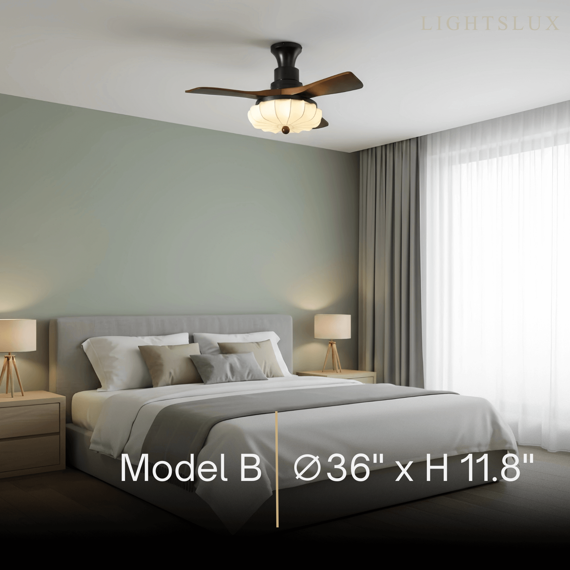 Ventilador de techo moderno con luz — Pantalla de tela Lotus y aspas de madera de nogal para dormitorio - Flindria