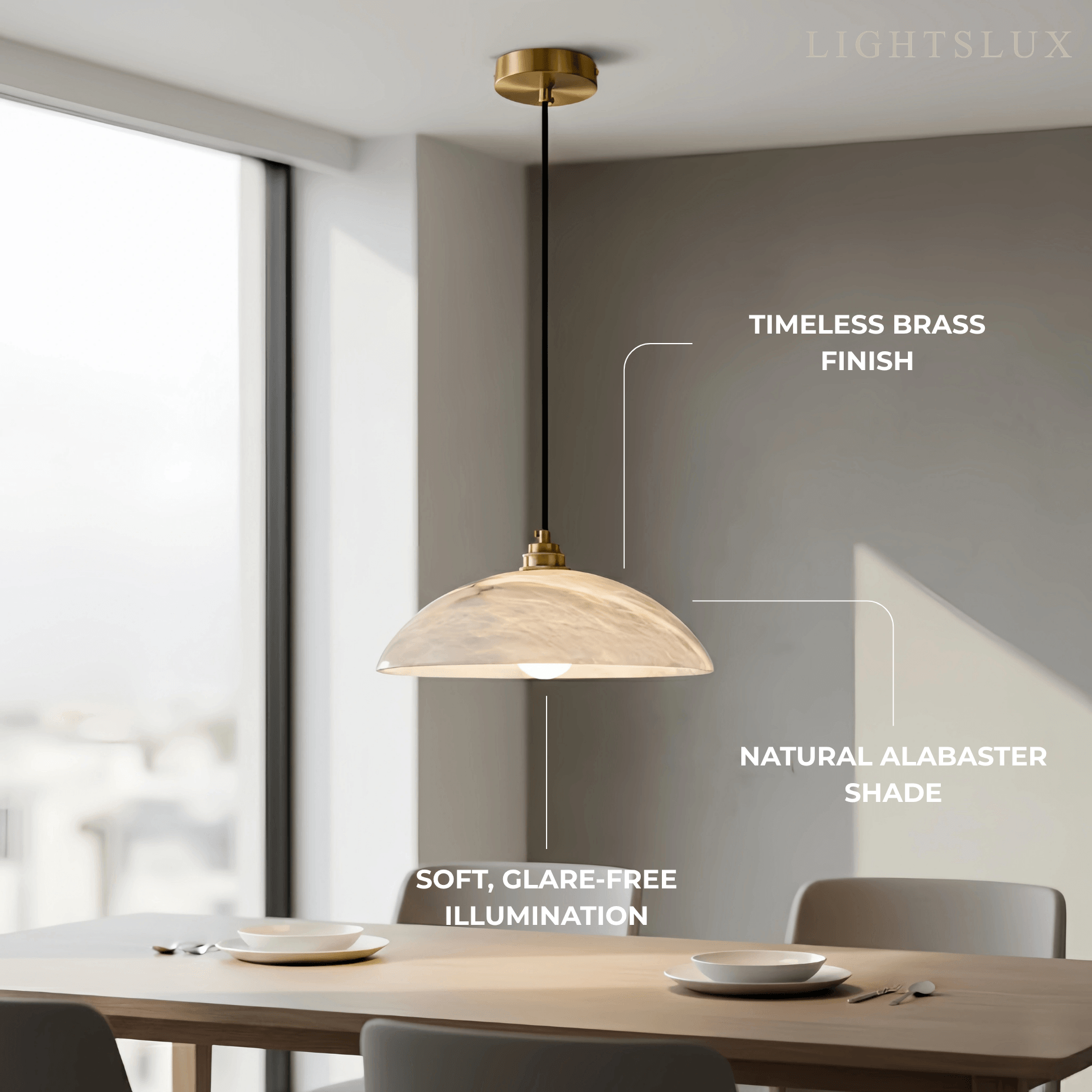 Lámpara colgante minimalista tipo cúpula — Alabastro tallado y latón pulido para comedor - Flindria