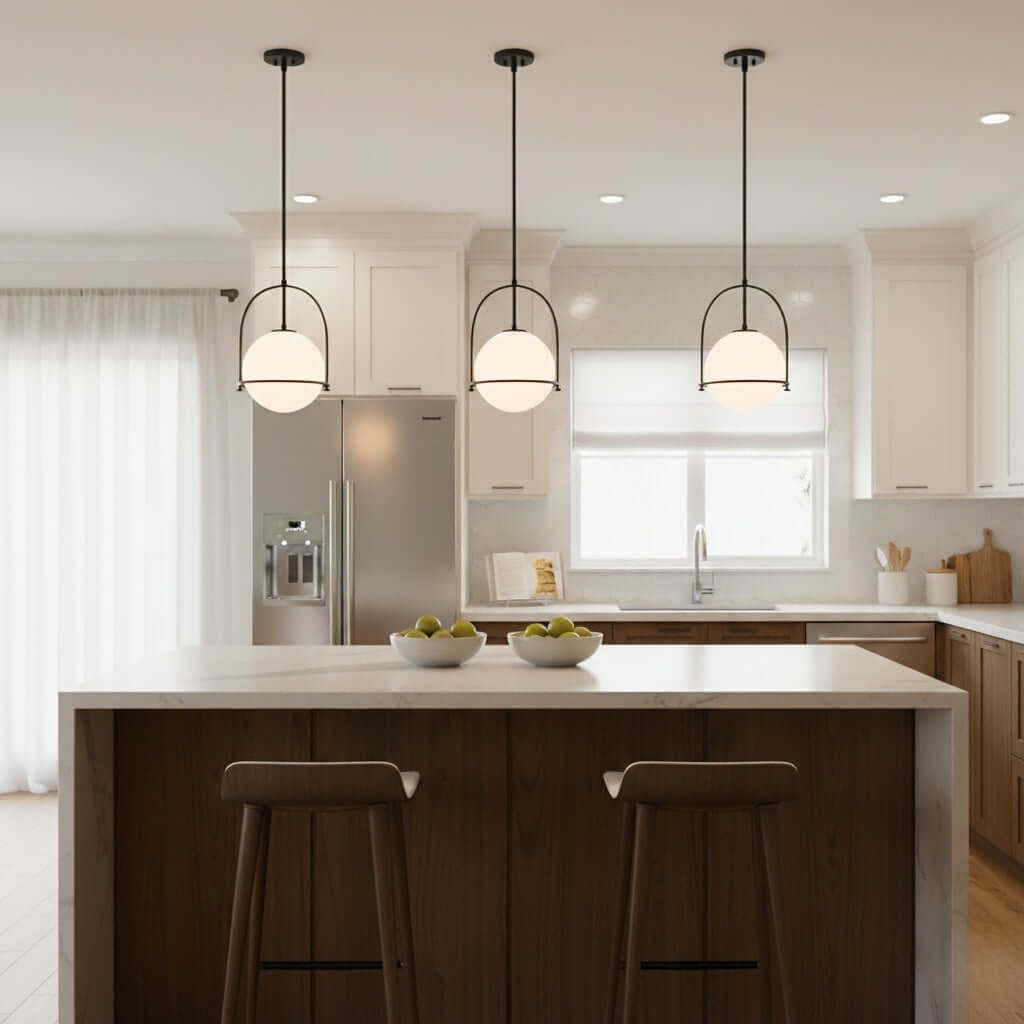 Modern Ceiling Light — Etched Opal Glass Globe & Brass Black For Kitchen Island - Flindria