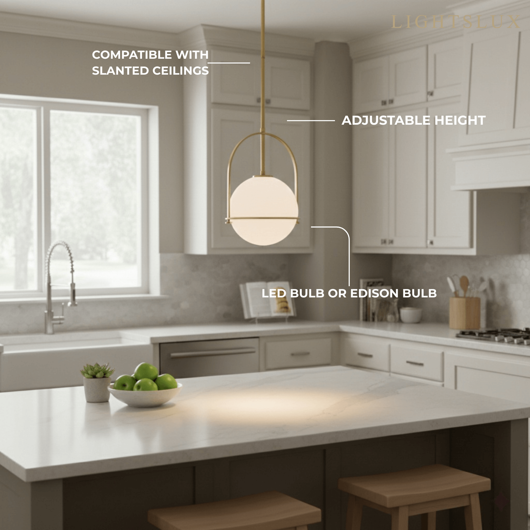 Modern Ceiling Light — Etched Opal Glass Globe & Brass Black For Kitchen Island - Flindria