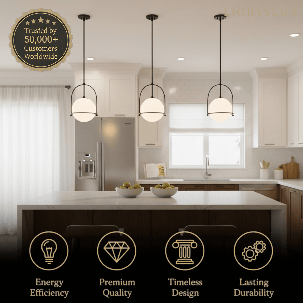 Modern Ceiling Light — Etched Opal Glass Globe & Brass Black For Kitchen Island - Flindria