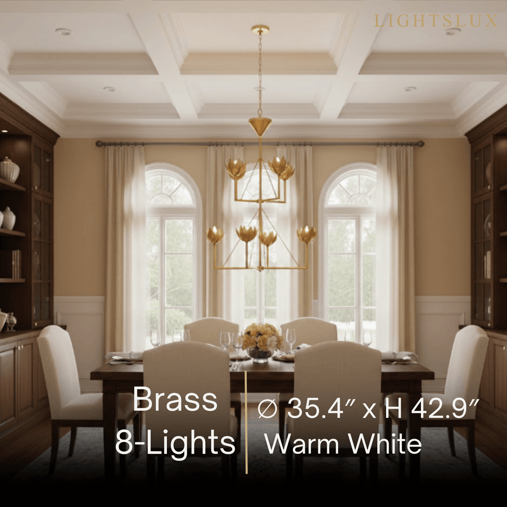 Modern Lotus Chandelier — Curved Petal Shades & Brass Frame for Dining Room - Flindria