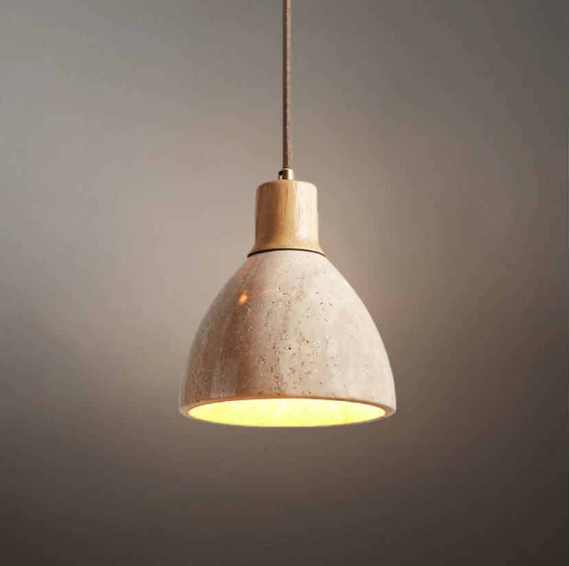 Modern Organic Pendant Light — Travertine Stone & Wood Kitchen Island Lighting - Flindria