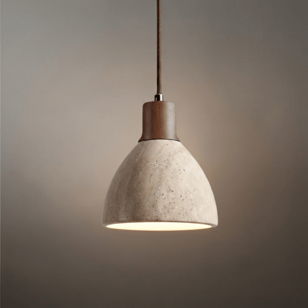 Modern Organic Pendant Light — Travertine Stone & Wood Kitchen Island Lighting - Flindria