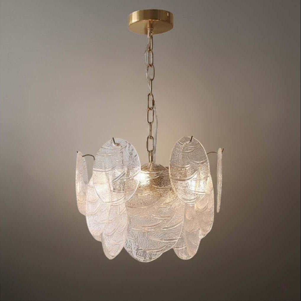 Modern Gold Chandelier — Rippled Wavy Glass Panels & Iron Frame for Living Room - Flindria