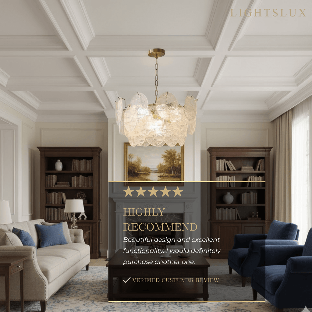 Modern Gold Chandelier — Rippled Wavy Glass Panels & Iron Frame for Living Room - Flindria