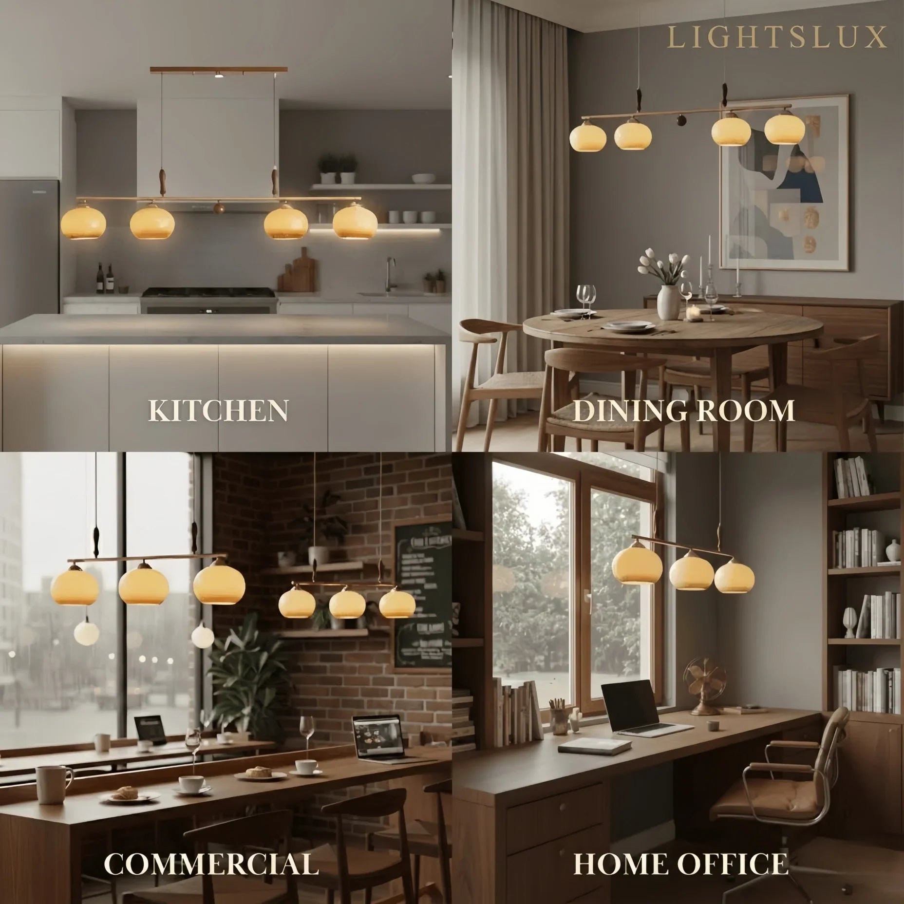Modern Pendant Lamp — Amber Glass Shades & Brass Bar Wood Accent for Dining Table - Flindria