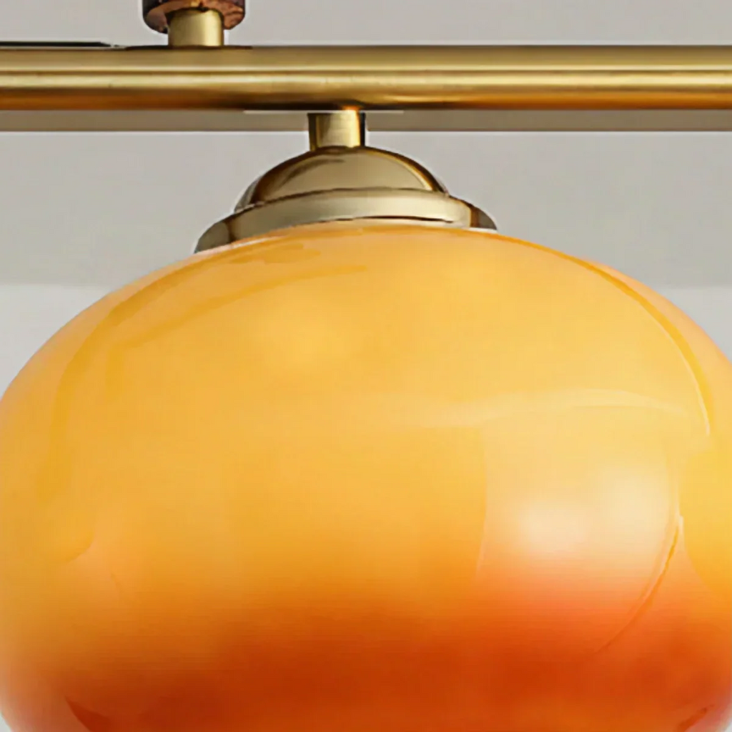 Modern Pendant Lamp — Amber Glass Shades & Brass Bar Wood Accent for Dining Table - Flindria
