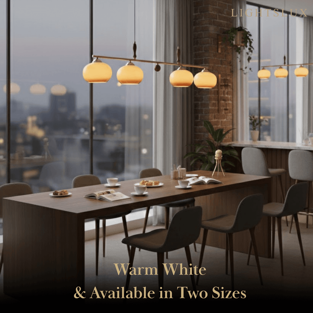 Modern Pendant Lamp — Amber Glass Shades & Brass Bar Wood Accent for Dining Table - Flindria