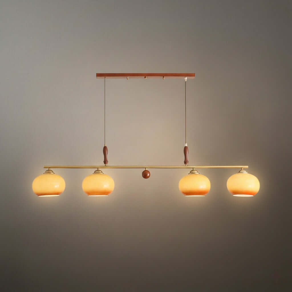 Modern Pendant Lamp — Amber Glass Shades & Brass Bar Wood Accent for Dining Table - Flindria