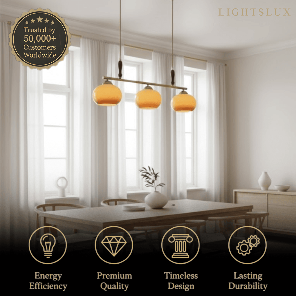 Modern Pendant Lamp — Amber Glass Shades & Brass Bar Wood Accent for Dining Table - Flindria