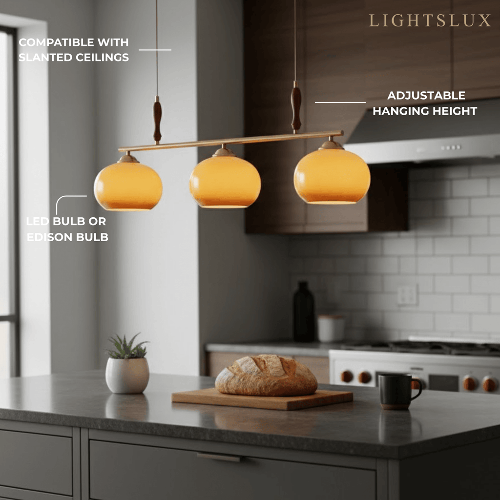 Modern Pendant Lamp — Amber Glass Shades & Brass Bar Wood Accent for Dining Table - Flindria