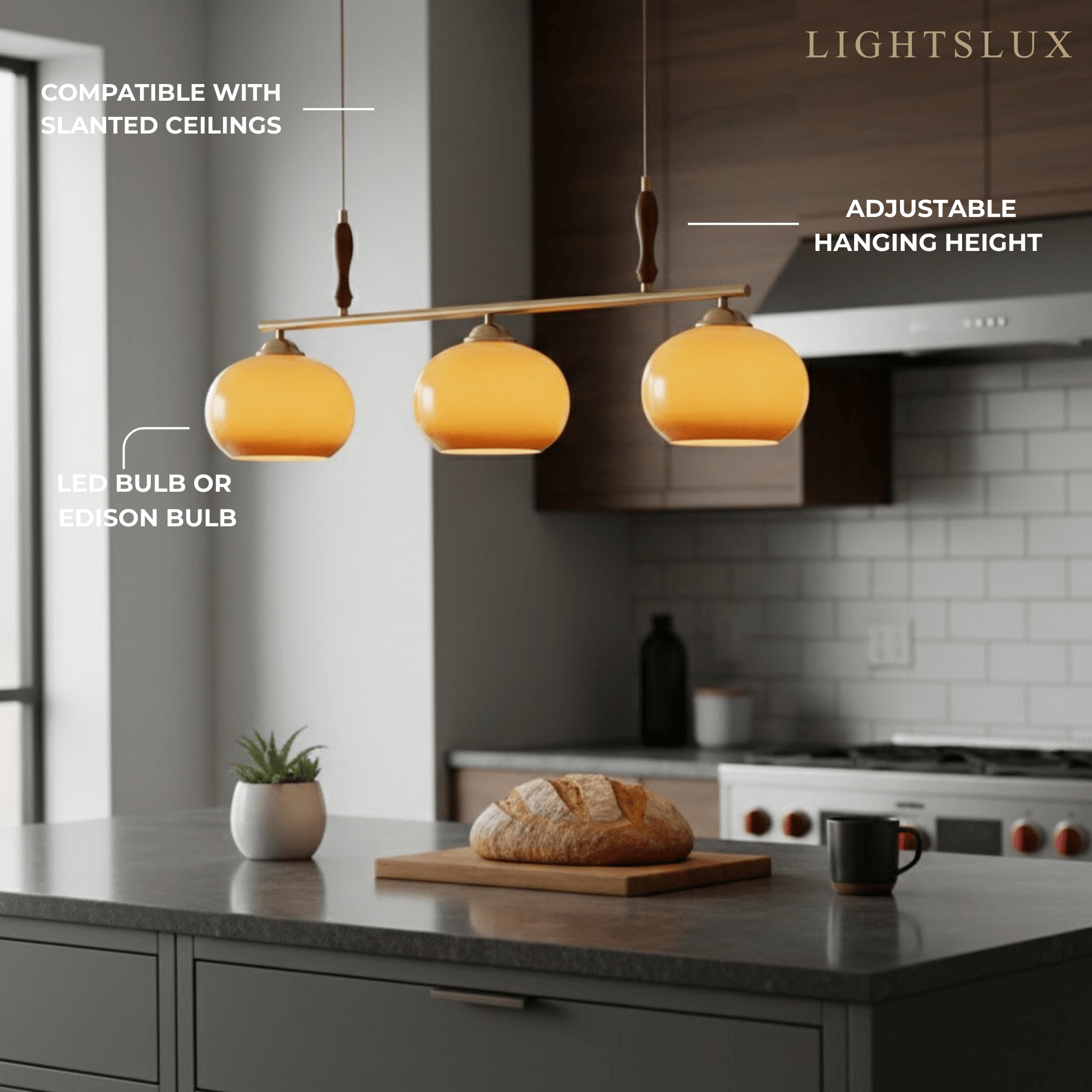 Modern Pendant Lamp — Amber Glass Shades & Brass Bar Wood Accent for Dining Table - Flindria