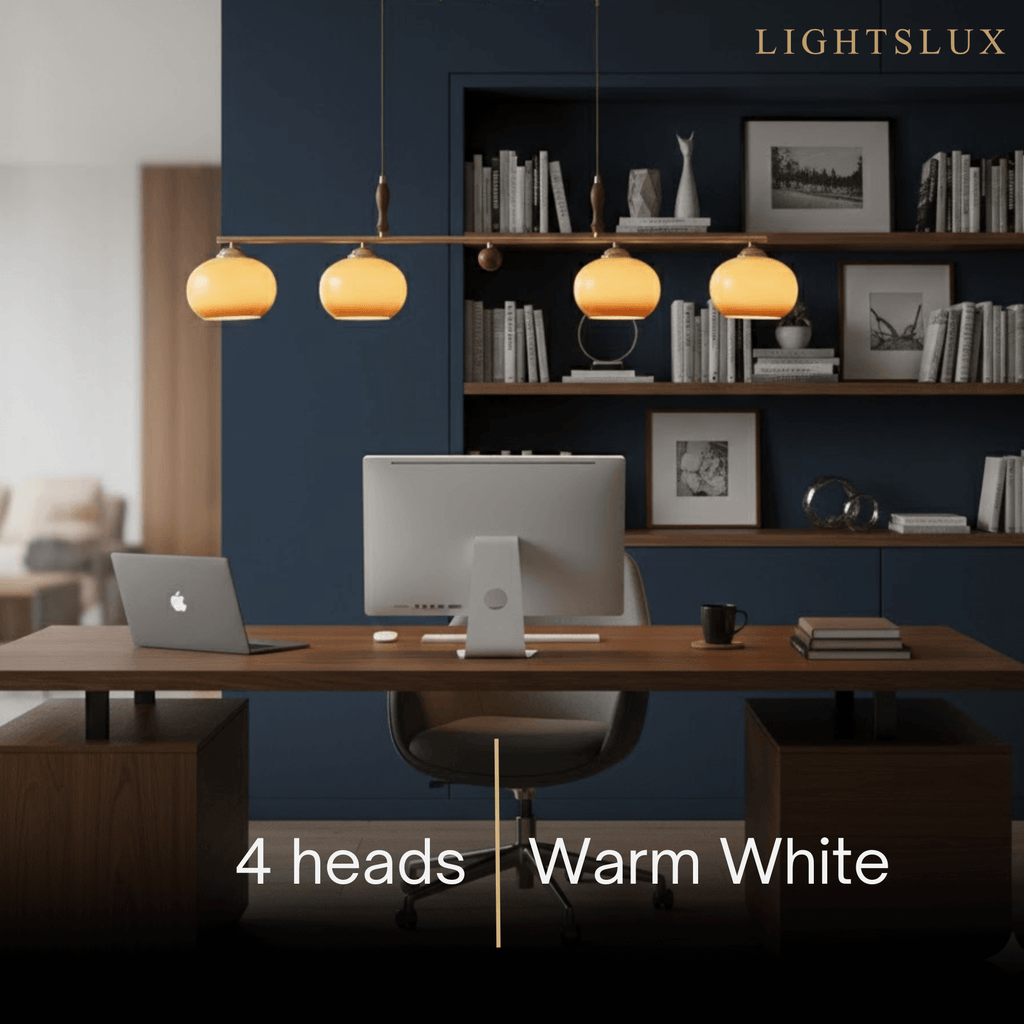 Modern Pendant Lamp — Amber Glass Shades & Brass Bar Wood Accent for Dining Table - Flindria
