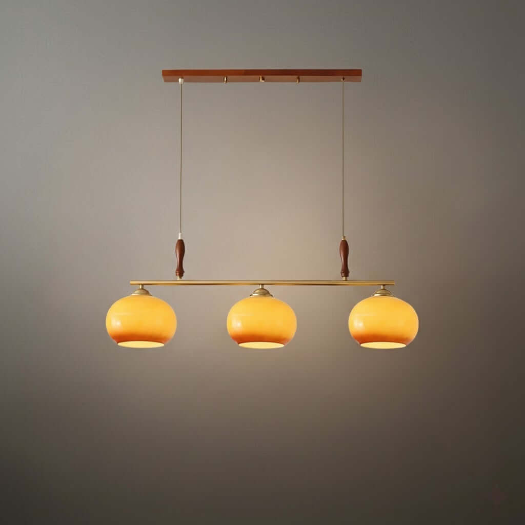 Modern Pendant Lamp — Amber Glass Shades & Brass Bar Wood Accent for Dining Table - Flindria