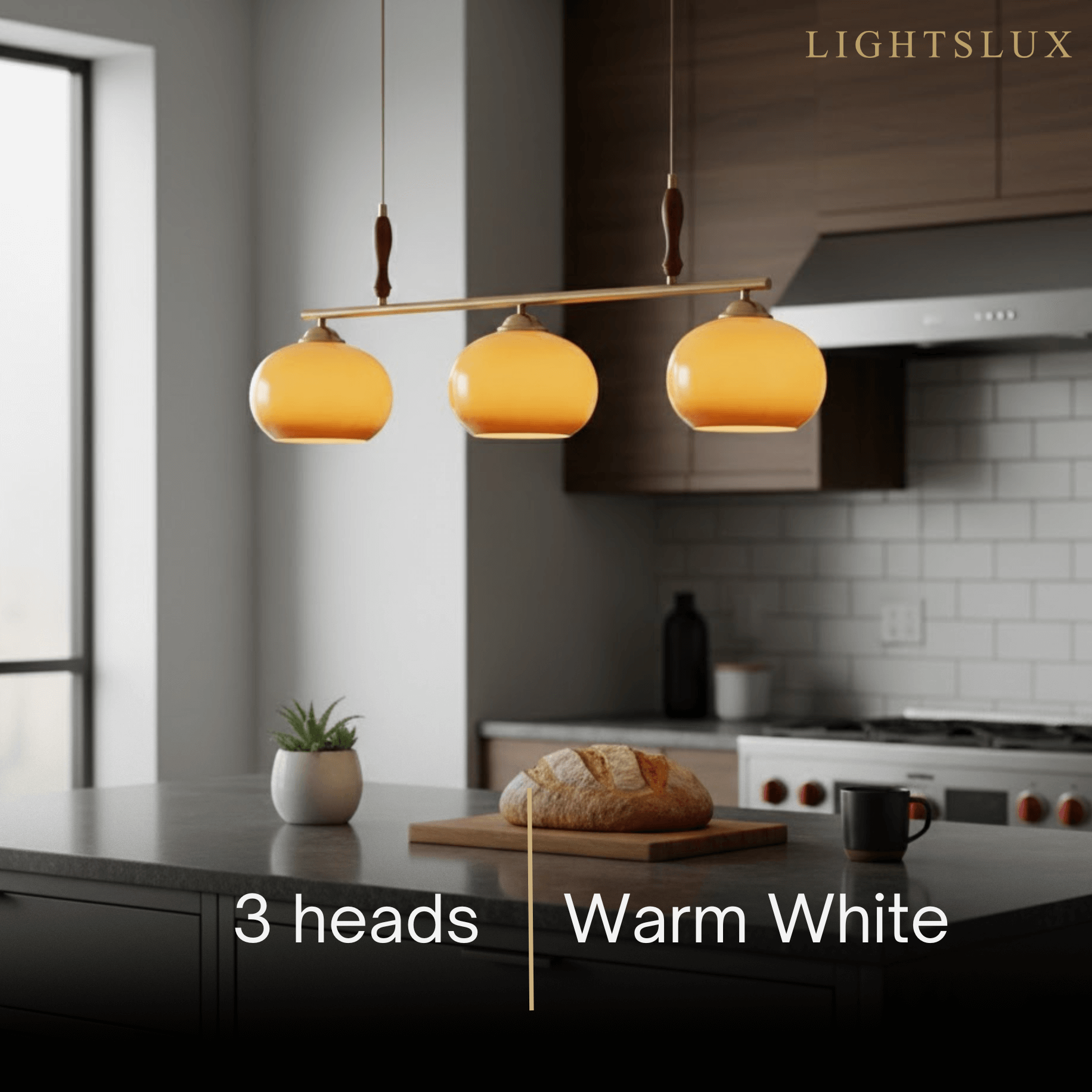 Modern Pendant Lamp — Amber Glass Shades & Brass Bar Wood Accent for Dining Table - Flindria