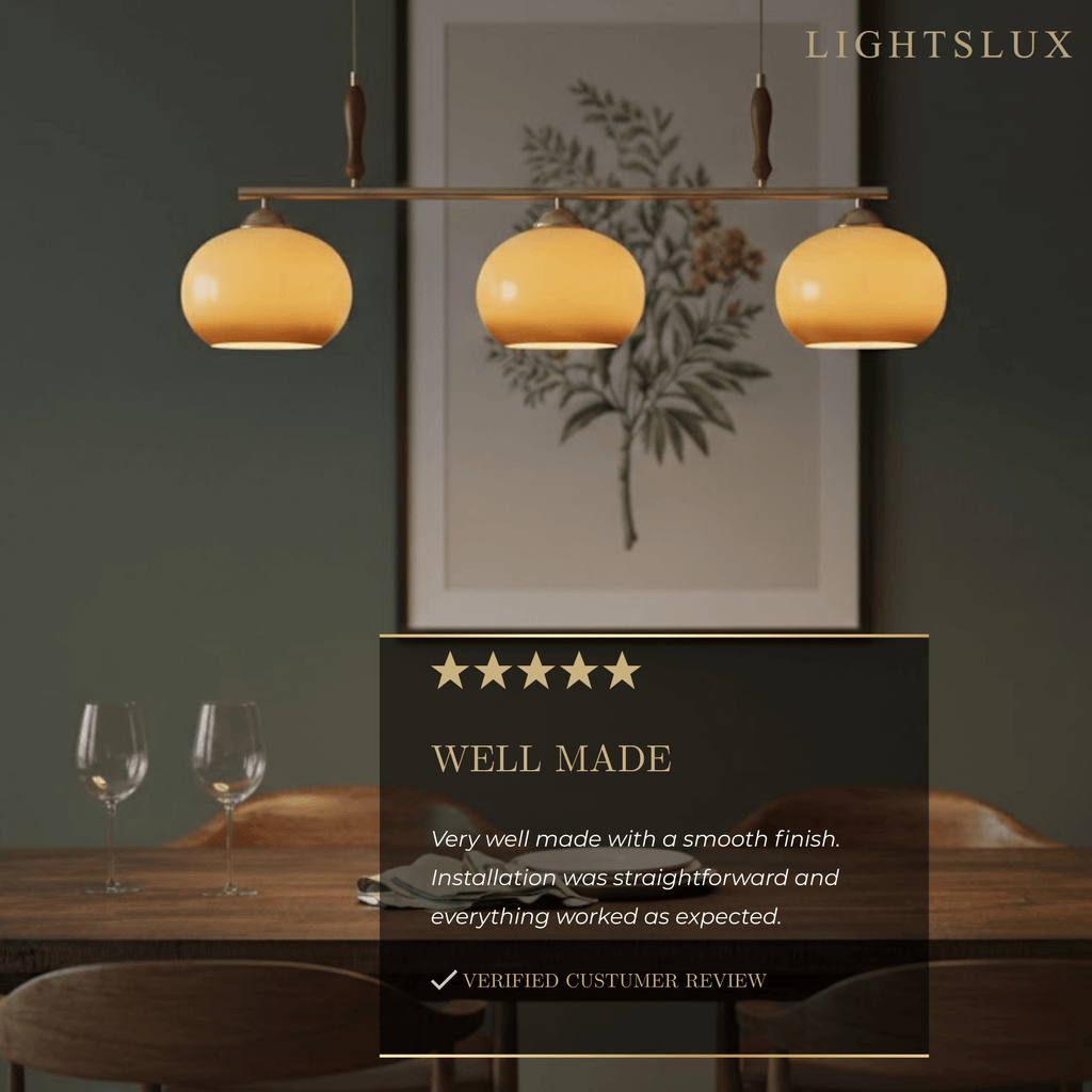 Modern Pendant Lamp — Amber Glass Shades & Brass Bar Wood Accent for Dining Table - Flindria