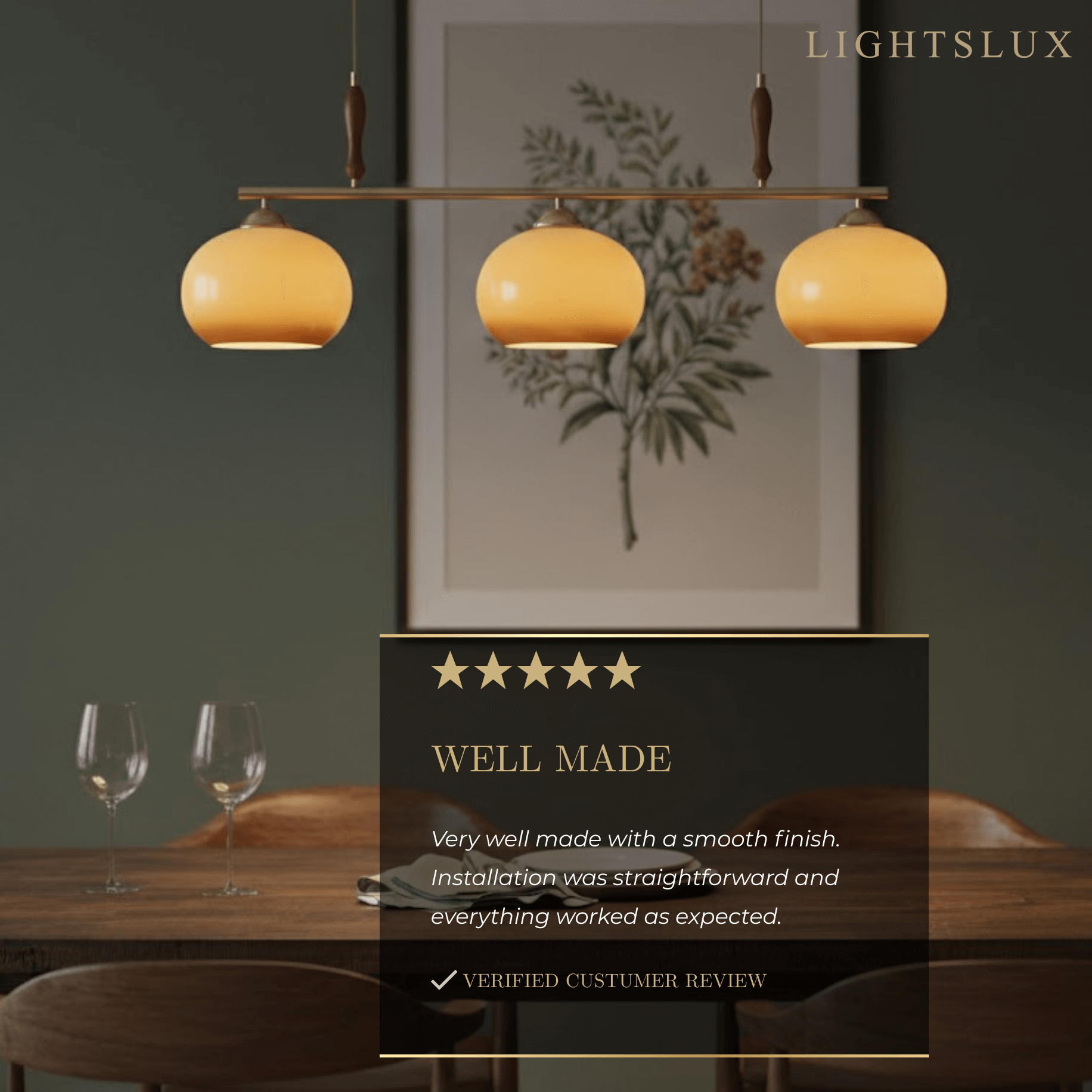 Modern Pendant Lamp — Amber Glass Shades & Brass Bar Wood Accent for Dining Table - Flindria