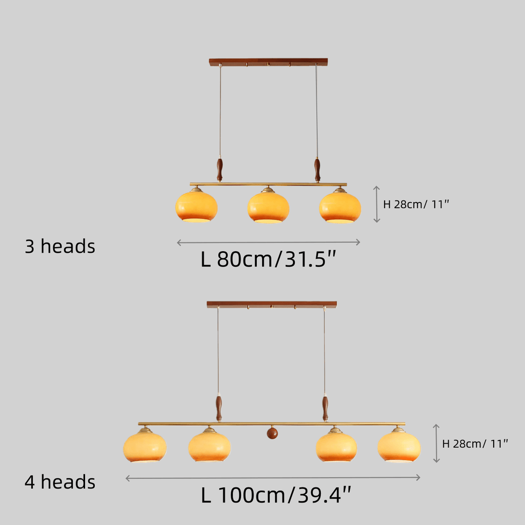 Modern Pendant Lamp — Amber Glass Shades & Brass Bar Wood Accent for Dining Table - Flindria
