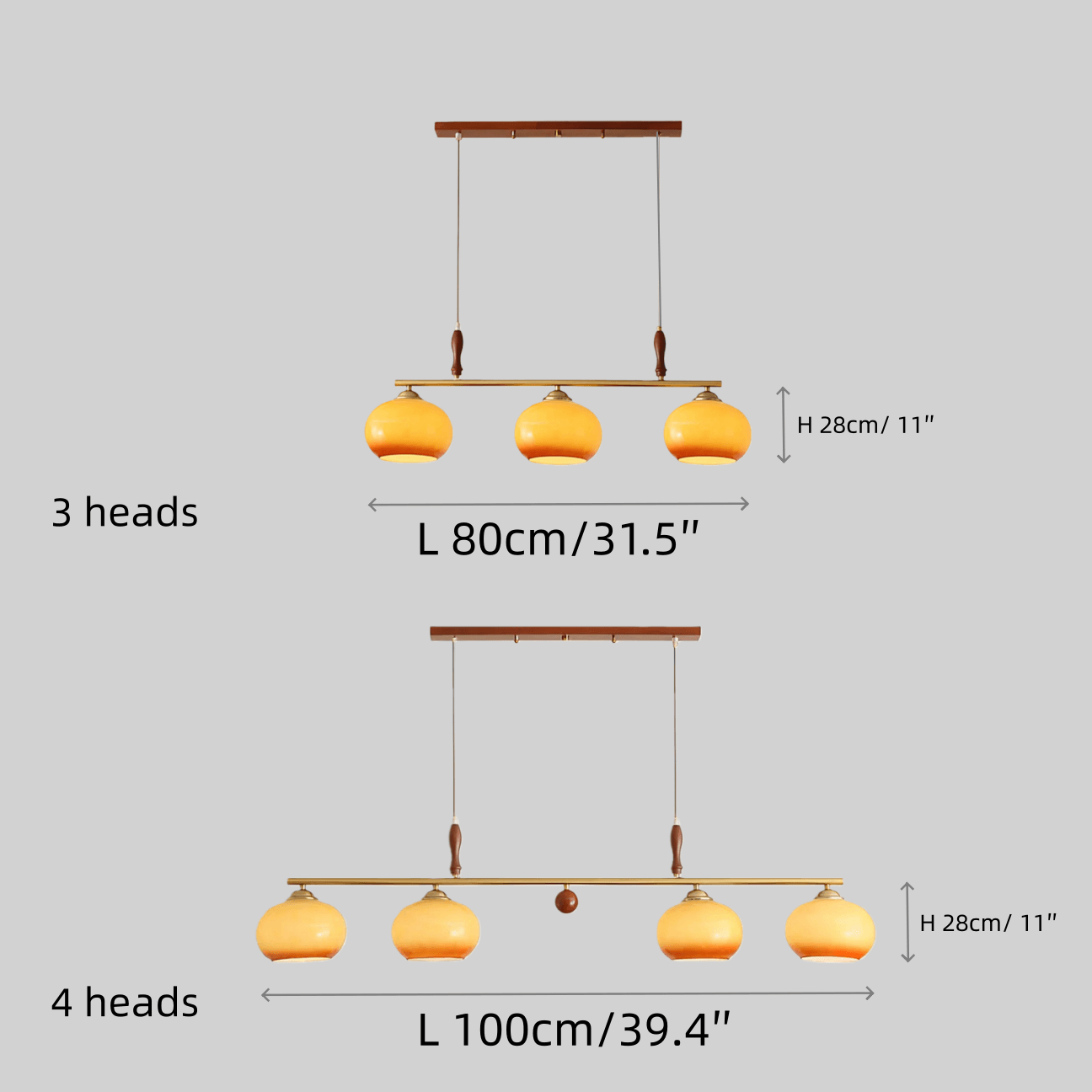 Modern Pendant Lamp — Amber Glass Shades & Brass Bar Wood Accent for Dining Table - Flindria
