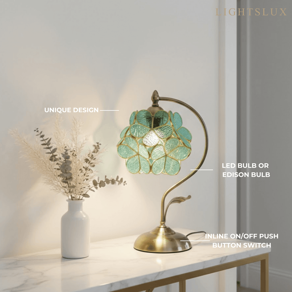 Artisan Leaf-Inspired Desk Lamp — Seafoam Green Glass Leaves & Antique Brass for Home Office - Flindria