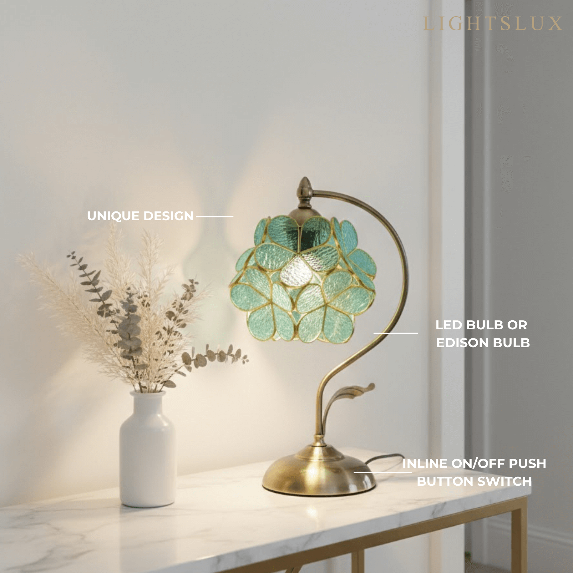 Artisan Leaf-Inspired Desk Lamp — Seafoam Green Glass Leaves & Antique Brass for Home Office - Flindria