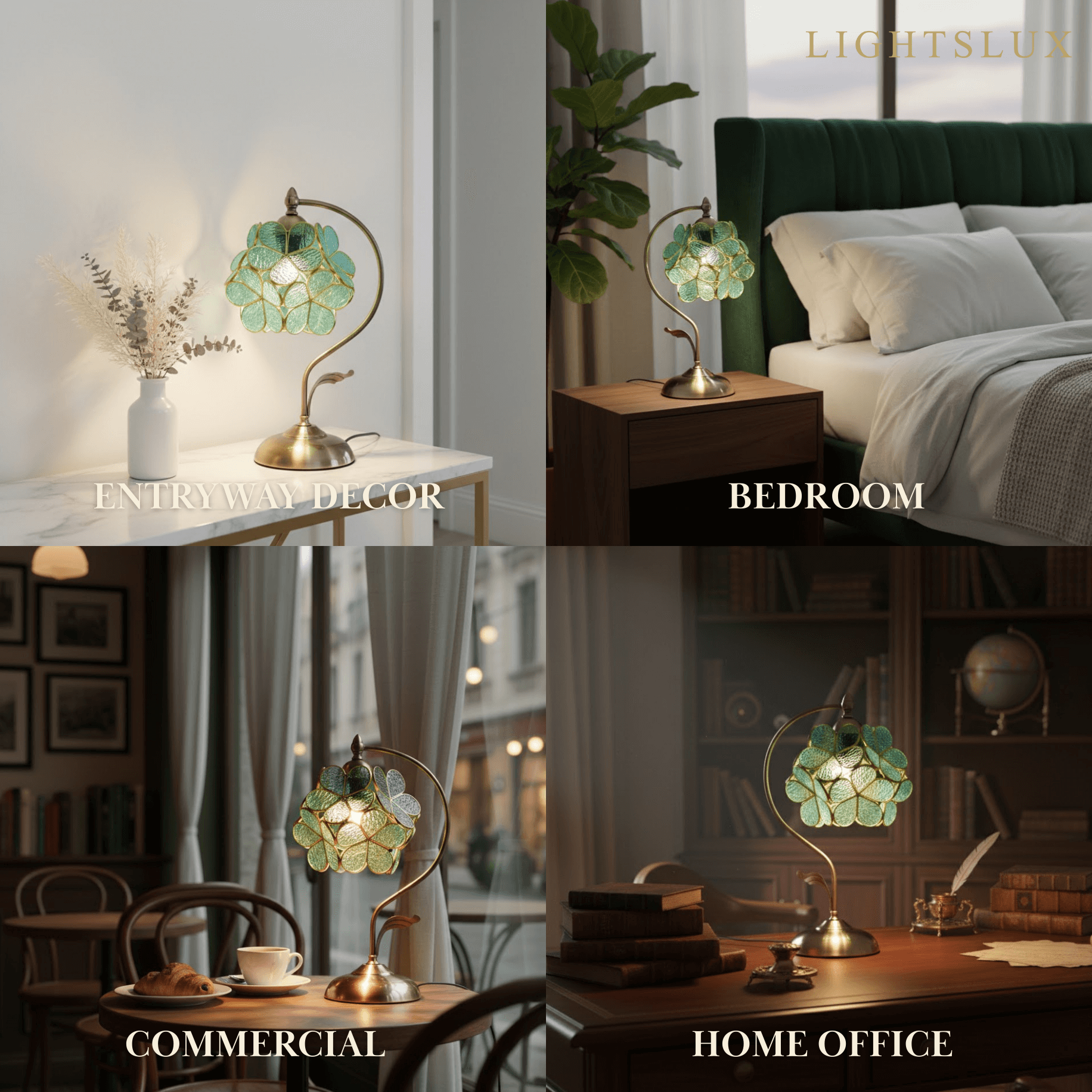 Artisan Leaf-Inspired Desk Lamp — Seafoam Green Glass Leaves & Antique Brass for Home Office - Flindria