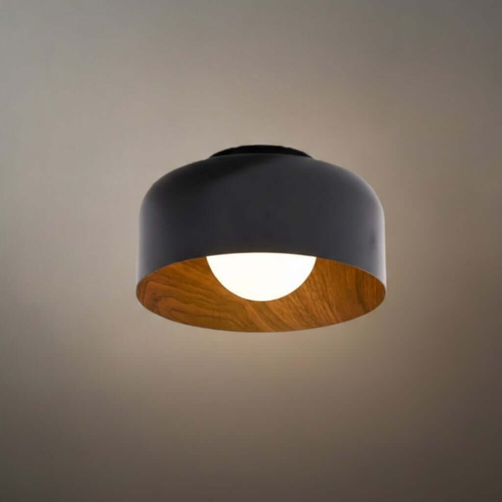 Modern Industrial Sphere Ceiling Light — Matte Glass & Wood-Grain Interior - Flindria