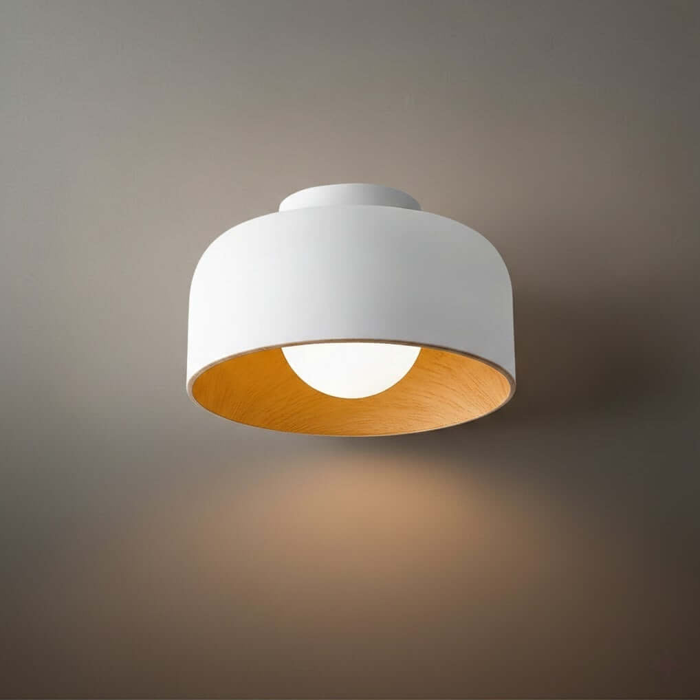 Modern Industrial Sphere Ceiling Light — Matte Glass & Wood-Grain Interior - Flindria