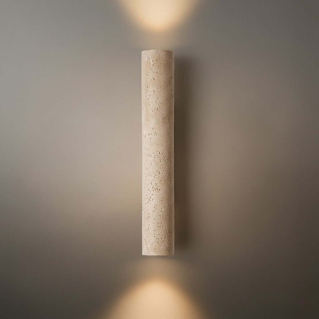 Minimalistische Travertijn Wandlamp – Gele Natuursteen & Walnoot Achterplaat - Flindria