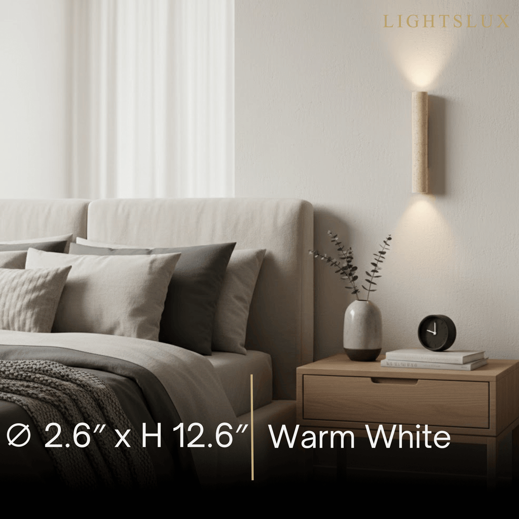 Minimalistische Travertijn Wandlamp – Gele Natuursteen & Walnoot Achterplaat - Flindria