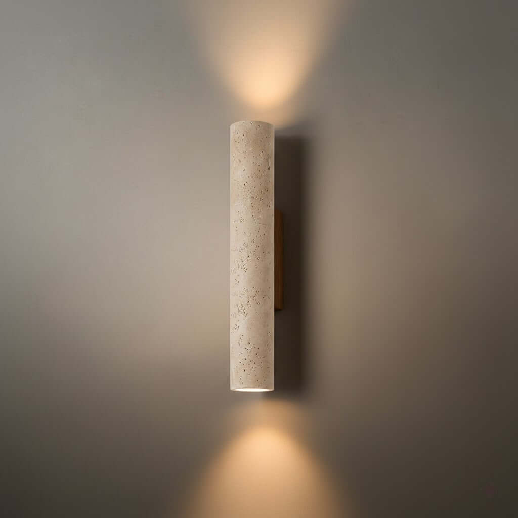 Minimalistische Travertijn Wandlamp – Gele Natuursteen & Walnoot Achterplaat - Flindria