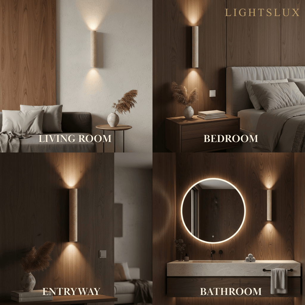 Minimalistische Travertijn Wandlamp – Gele Natuursteen & Walnoot Achterplaat - Flindria