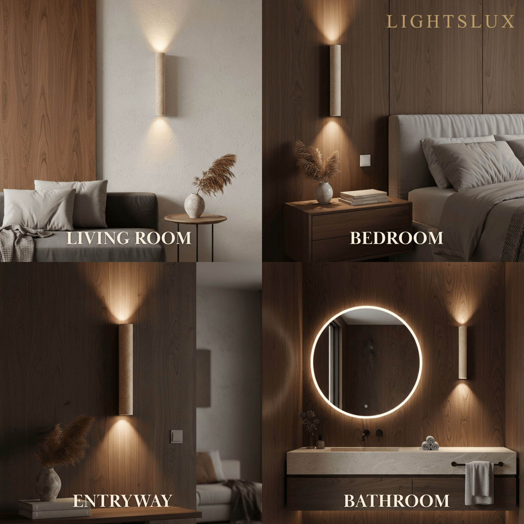 Minimalistische Travertijn Wandlamp – Gele Natuursteen & Walnoot Achterplaat - Flindria