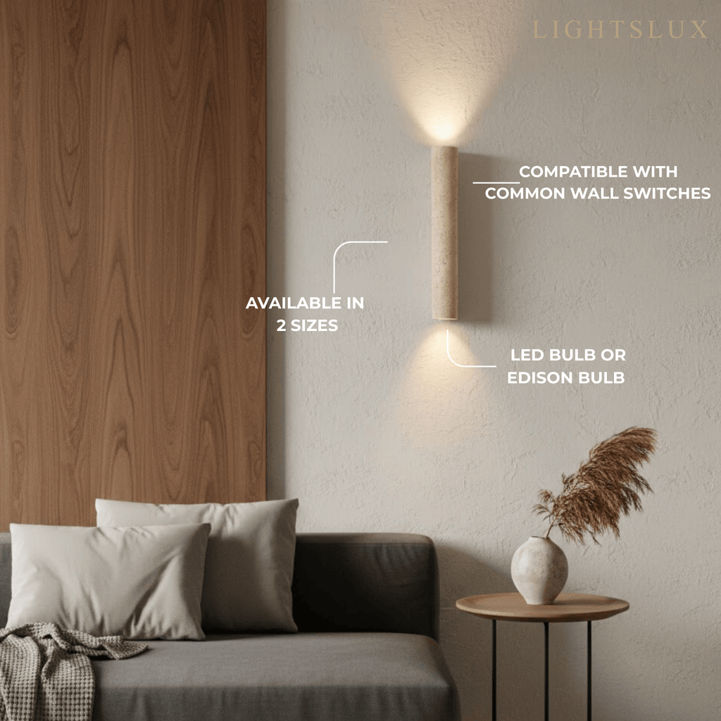 Minimalistische Travertijn Wandlamp – Gele Natuursteen & Walnoot Achterplaat - Flindria