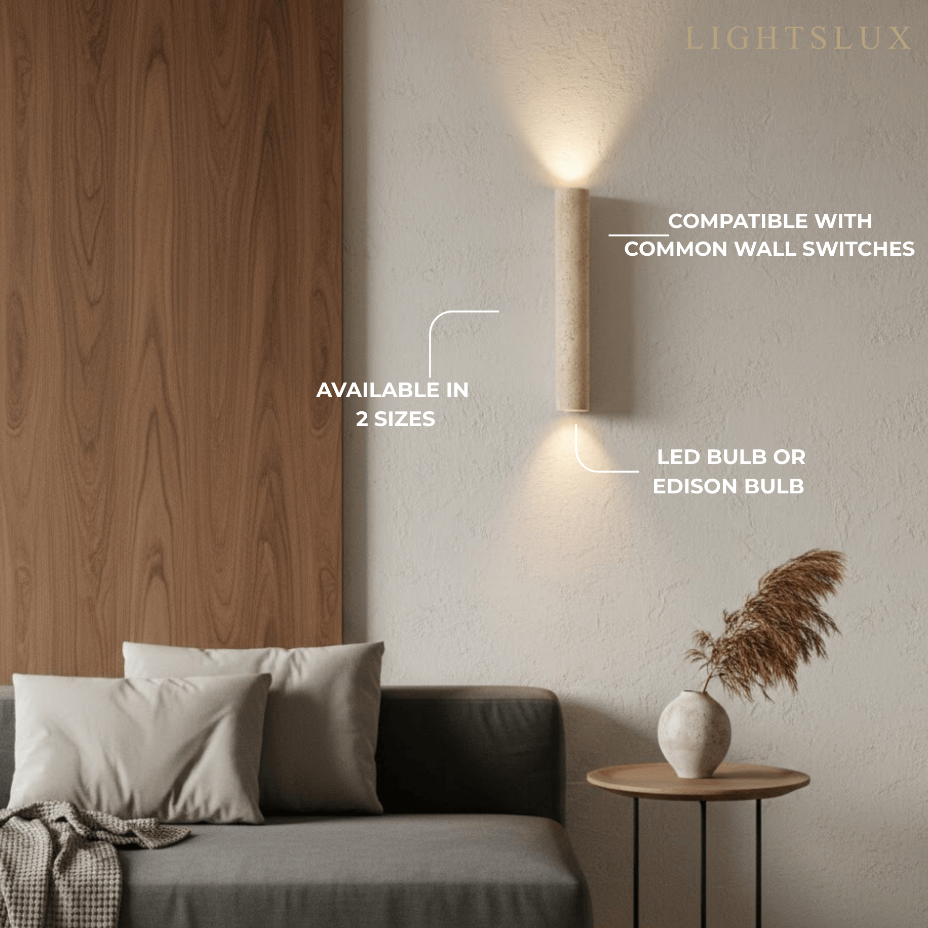 Minimalistische Travertijn Wandlamp – Gele Natuursteen & Walnoot Achterplaat - Flindria