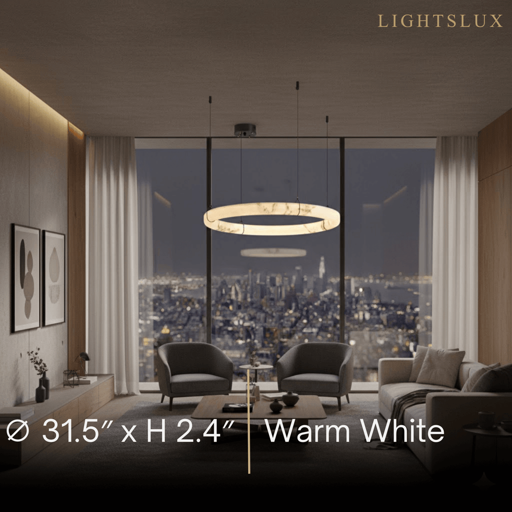 Modern Alabaster Ring Pendant Lamp — Hand-Carved Stone & Black Metal for Dining Room - Flindria