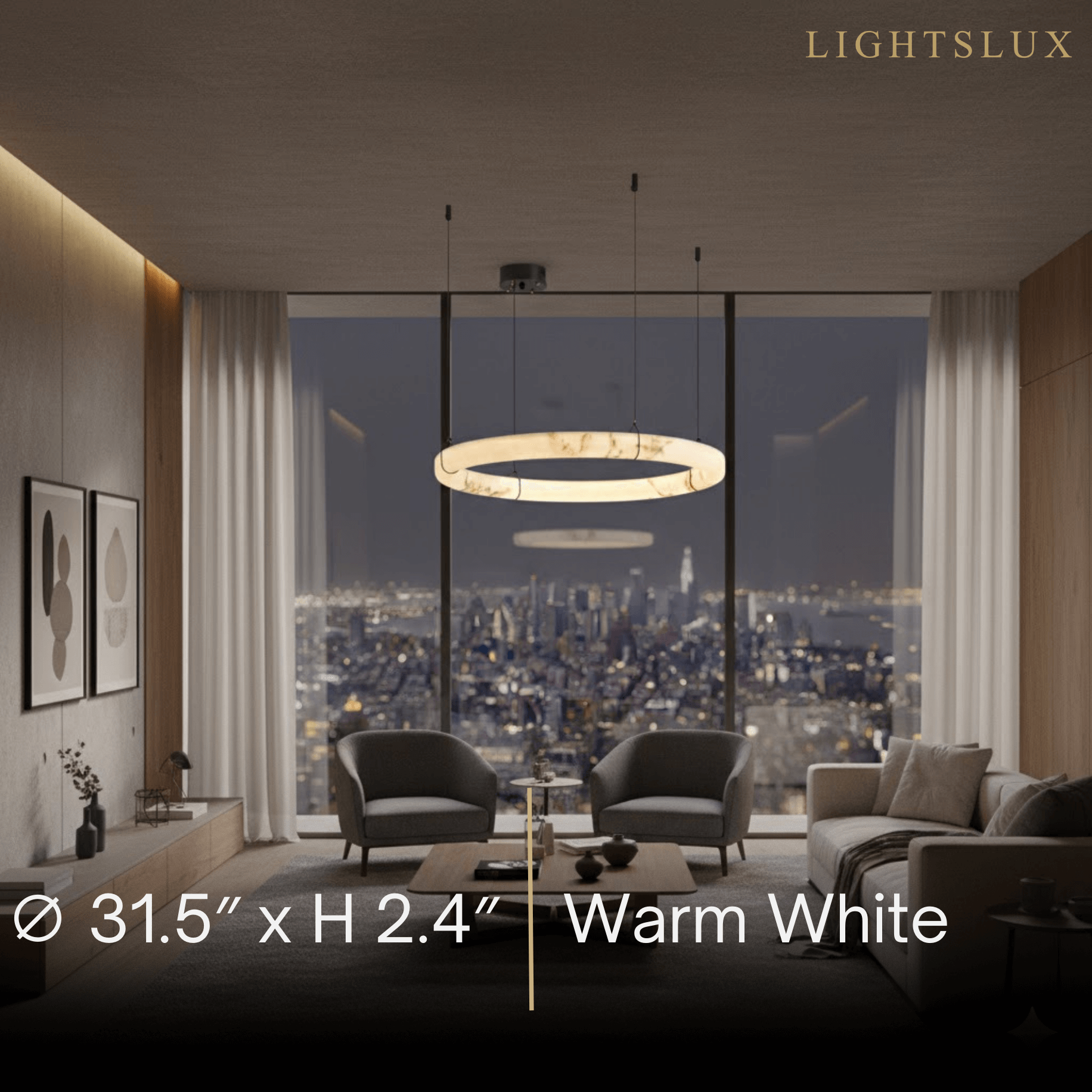Modern Alabaster Ring Pendant Lamp — Hand-Carved Stone & Black Metal for Dining Room - Flindria