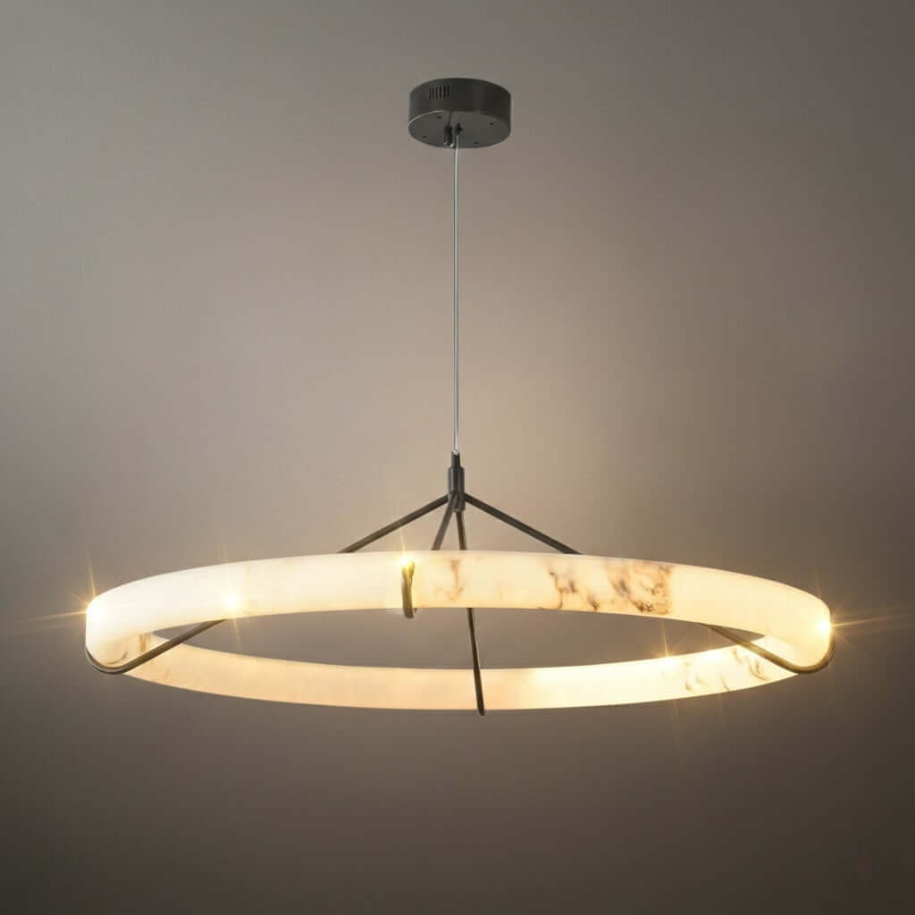 Modern Alabaster Ring Pendant Lamp — Hand-Carved Stone & Black Metal for Dining Room - Flindria